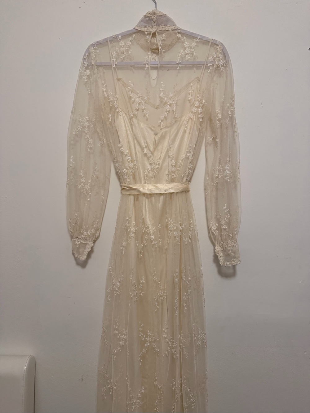 Sheer Lace Long Sleeve Cream Dress